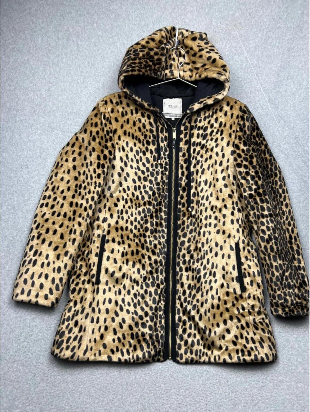 80s 90s Mob Wife Zara FUll Zip Hooded Jacket Faux Fur Cheetah Womens L